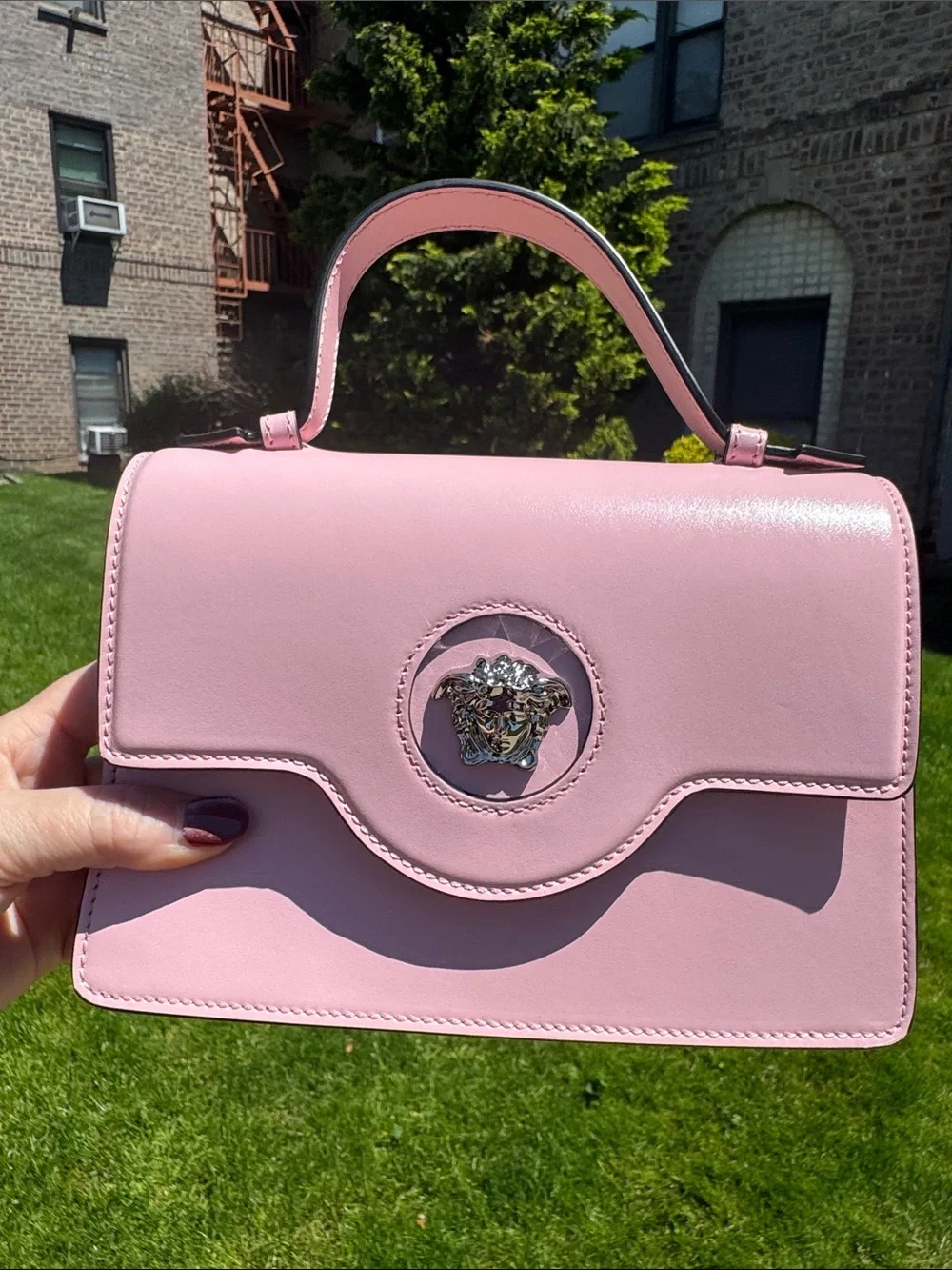 Versace Pink Leather Top-Handle Satchel with Silver Medusa, Calfskin Leather .Sm - Picture 10 of 12